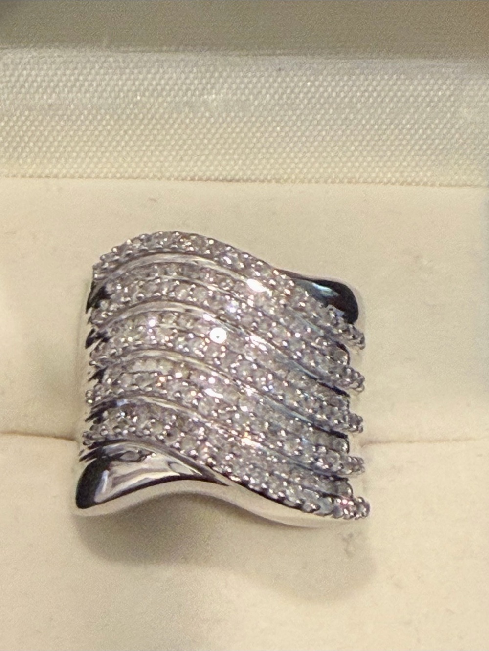 925 Sterling Silver Sparkling Wave Multi-Row Cubic Zirconia Ring Never Worn Sz 5